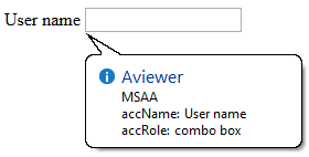 例显示MSAA控制名和role信息，accName属性值为'user name'，accRole的属性值为'combo box'